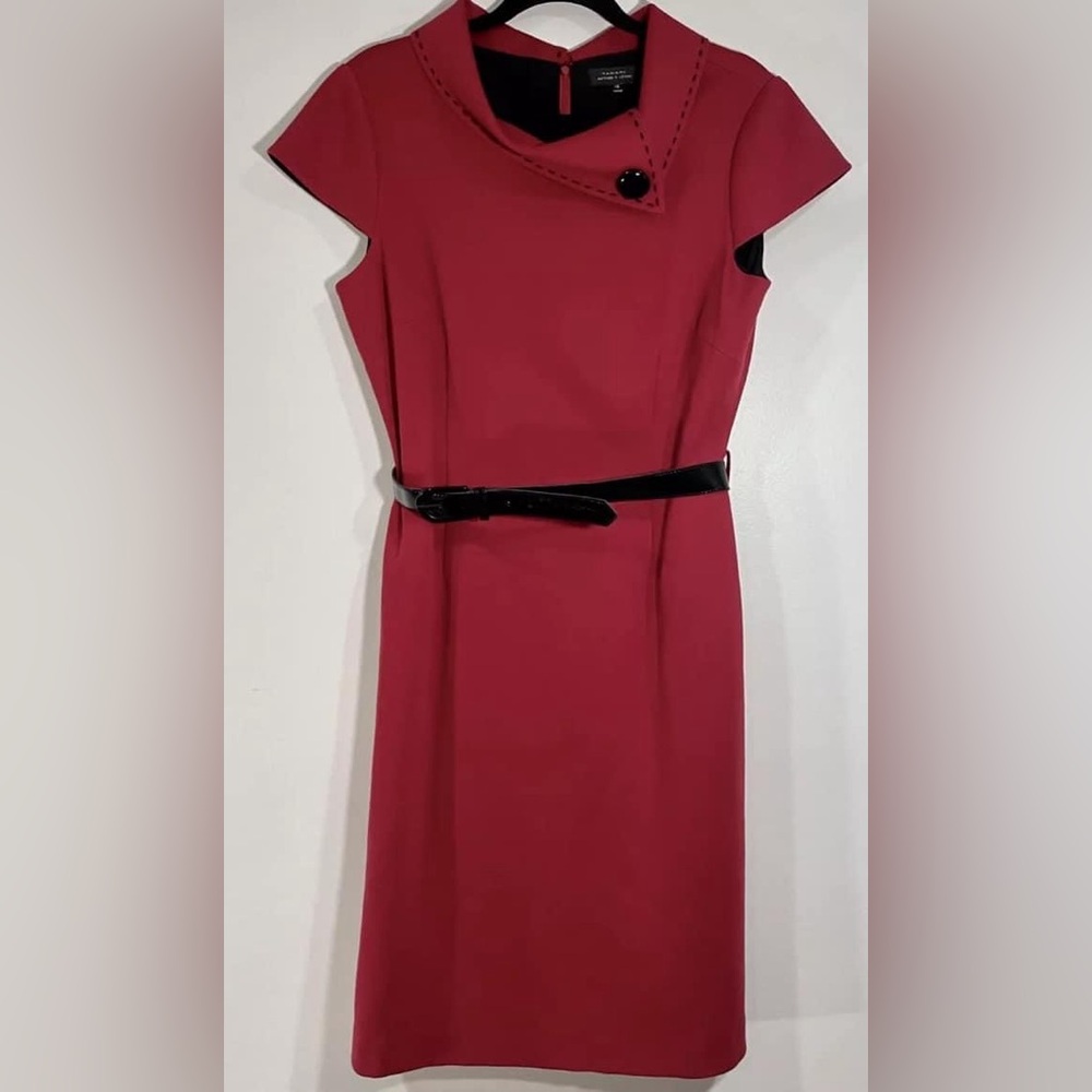 Tahari Arthur Levine Red Belted Roll Collar Cap Sleeve Dress Size 12